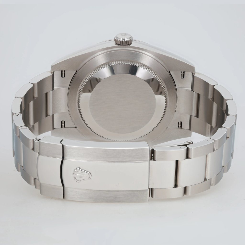 Back View Of Solid Back Case And Closed Stainless Steel Band Of Rolex 126300 Watch Pre Owned Condition