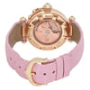 An image of a pre-owned Cartier women's wristwatch captured from the rear at a slight angle, showcasing the intricate inner workings through a transparent case back. The watch features a rose gold case and a date indicator, complemented by a pink leather strap with a gold buckle. The angle highlights the detailed craftsmanship of the movement and the luxurious design elements.