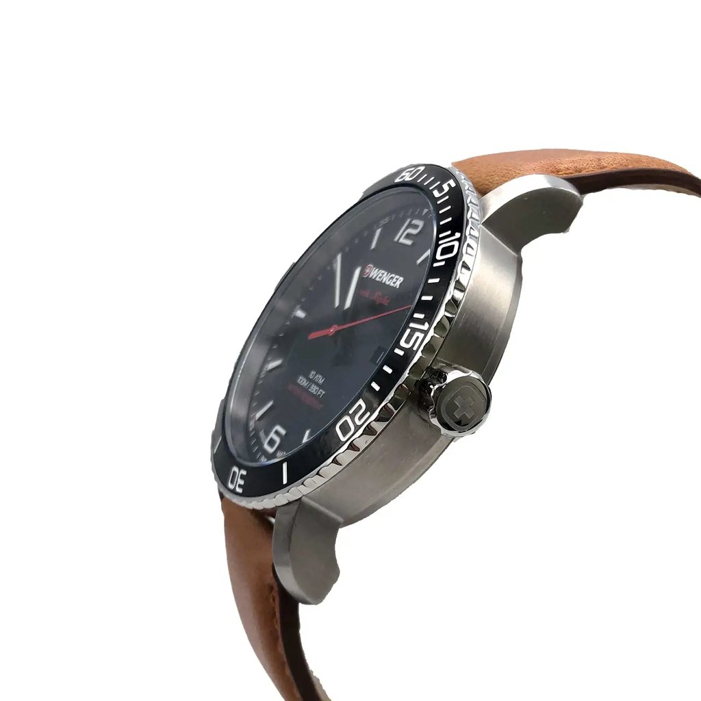 View Of Crown Facing Side Of Wenger 01.1841.105 Stainless Steel Watch Display Model Condition