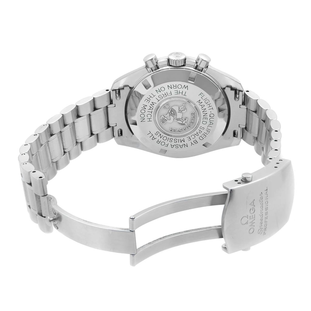 Back View Of Solid Back Case And Open Stainless Steel Band Of OMEGA 3570.50.00 Watch Pre Owned Condition