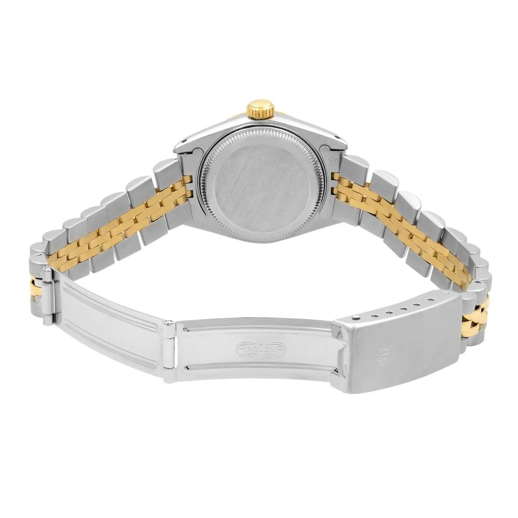 Back View Of {Caseback} Back Case And Open Stainless and Solid Gold Band Of Rolex 69173 Watch Pre Owned Condition