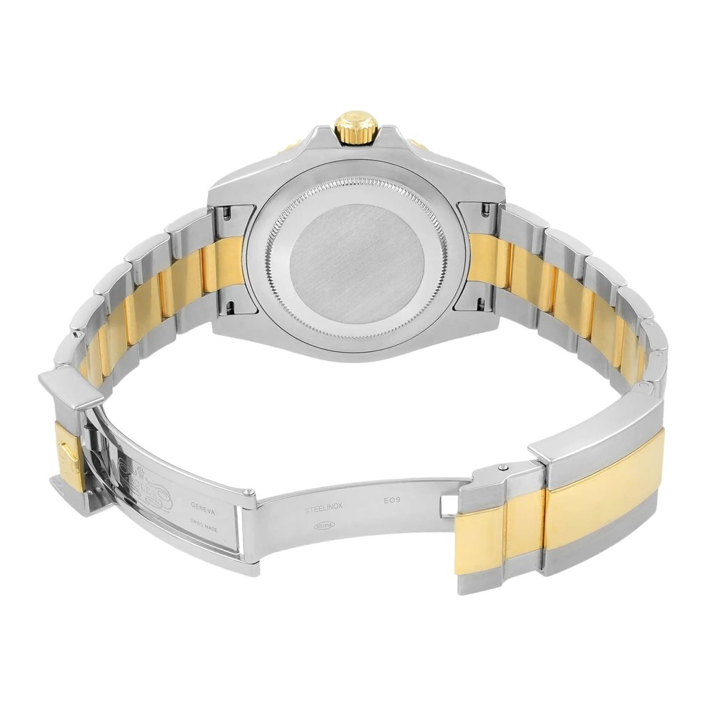 Back View Of Solid Back Case And Open Stainless Steel Band Of Rolex 116713LN Watch Pre Owned Condition