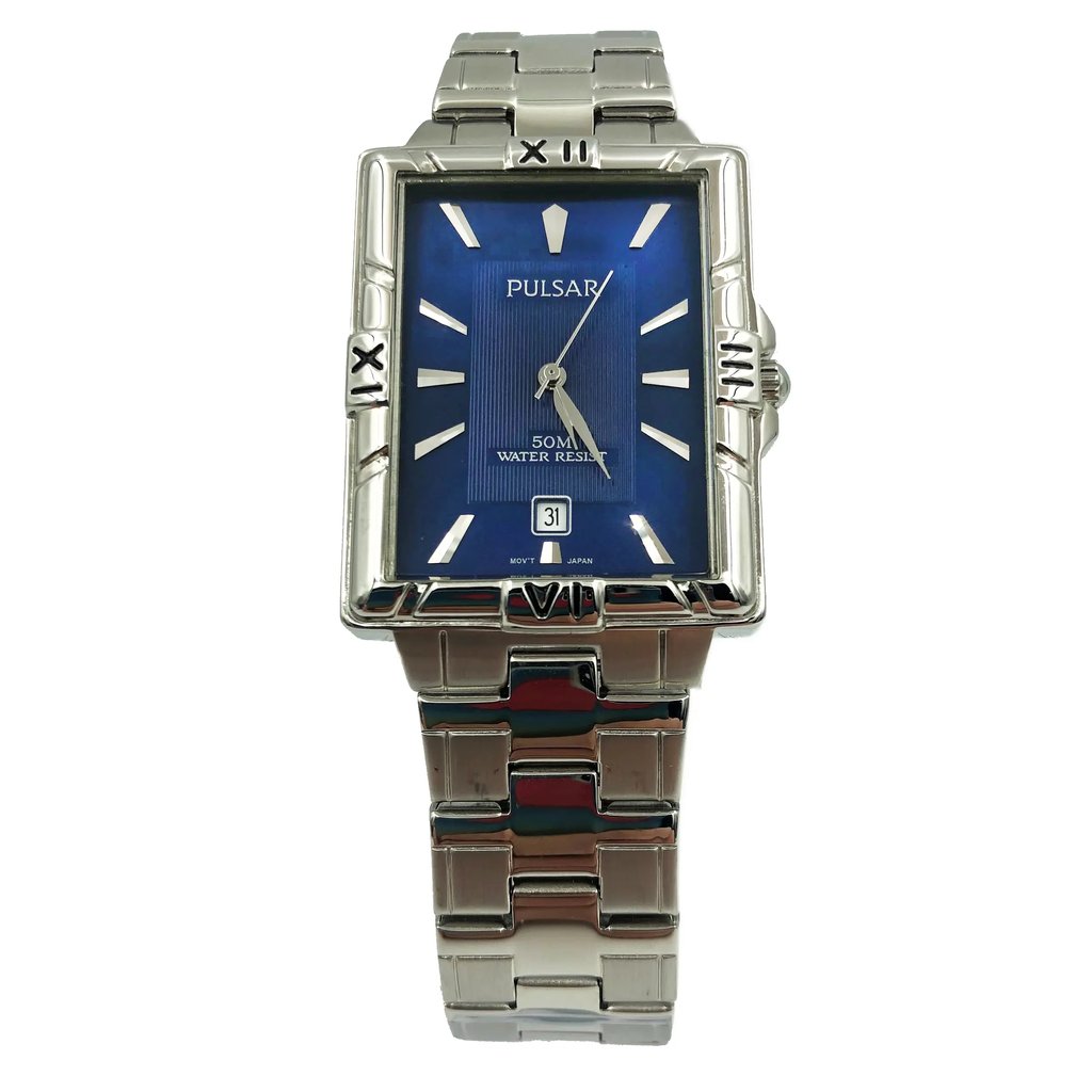 An image of a Wristwatch by Pulsar. This Pre Owned item is designed for Men, featuring a Casual style. It has a Quartz movement and an Analog display with a Blue dial color. The indices include Sticks. The band is made of Stainless Steel and the case is made of Stainless Steel. The watch has a Rectangle shape with a case size of 30 mm and a case thickness of 7 mm.