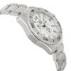An image of an unworn TAG Heuer men's wristwatch in a side profile view opposite of the crown, showing a stainless steel band and case with a round shape. The dial is silver with a gray bezel, and the watch features a chronograph, date indicator, and small seconds subdial. The watch is positioned diagonally across the frame with the watch face and dial visible, and the band extending into the background, suggesting depth. The angle provides a clear view of the watch's side and the intricate design details on the face.