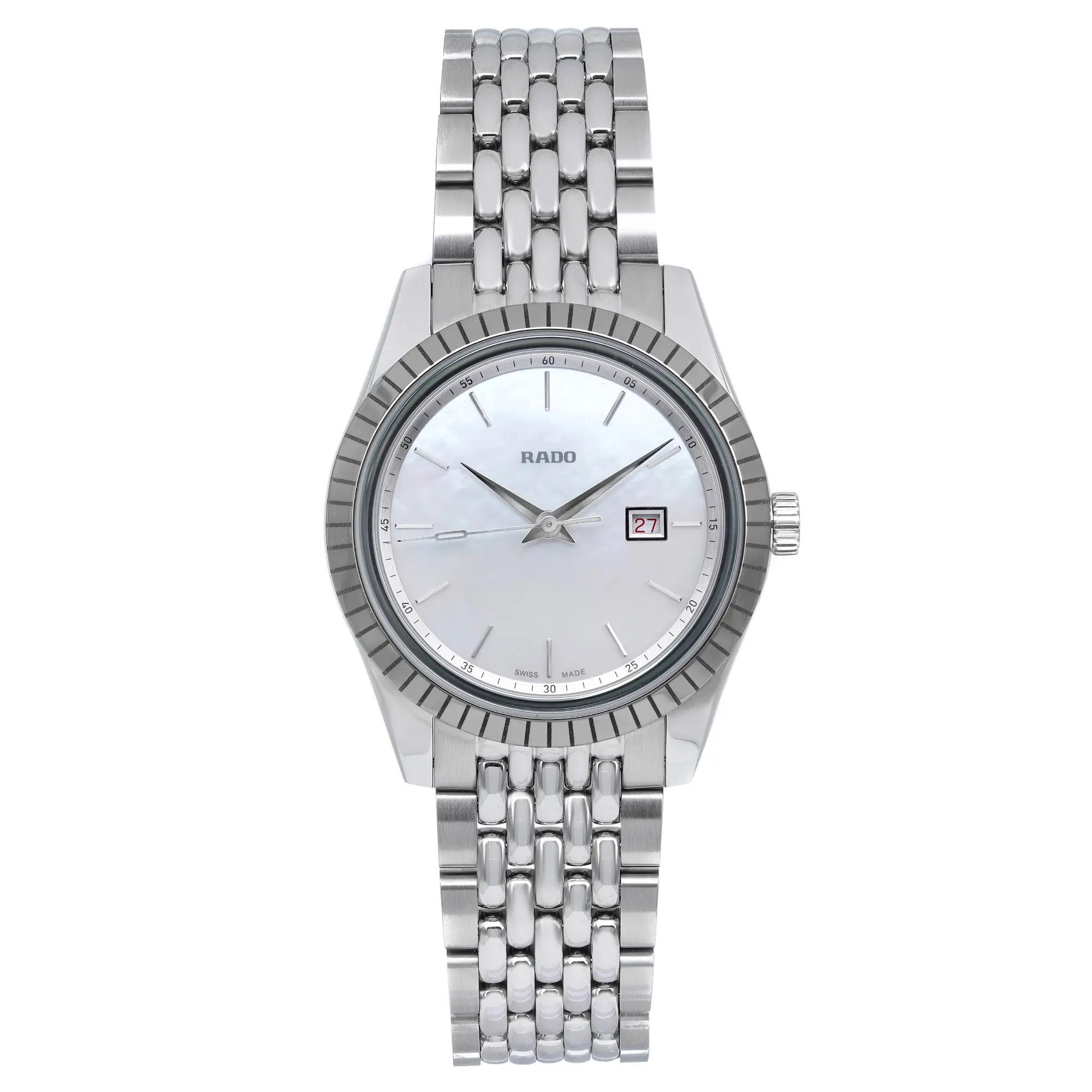 An image of an unworn Rado women's wristwatch in excellent condition, presented in a full frontal view. The watch features a round stainless steel case with a stainless steel bezel, a mother of pearl dial with stick indexes, and a 12-hour dial display with a date function at 3 o'clock. The stainless steel band complements the dress/formal style of the watch. The image is taken at a close distance, ensuring the watch fills the frame for a detailed view.