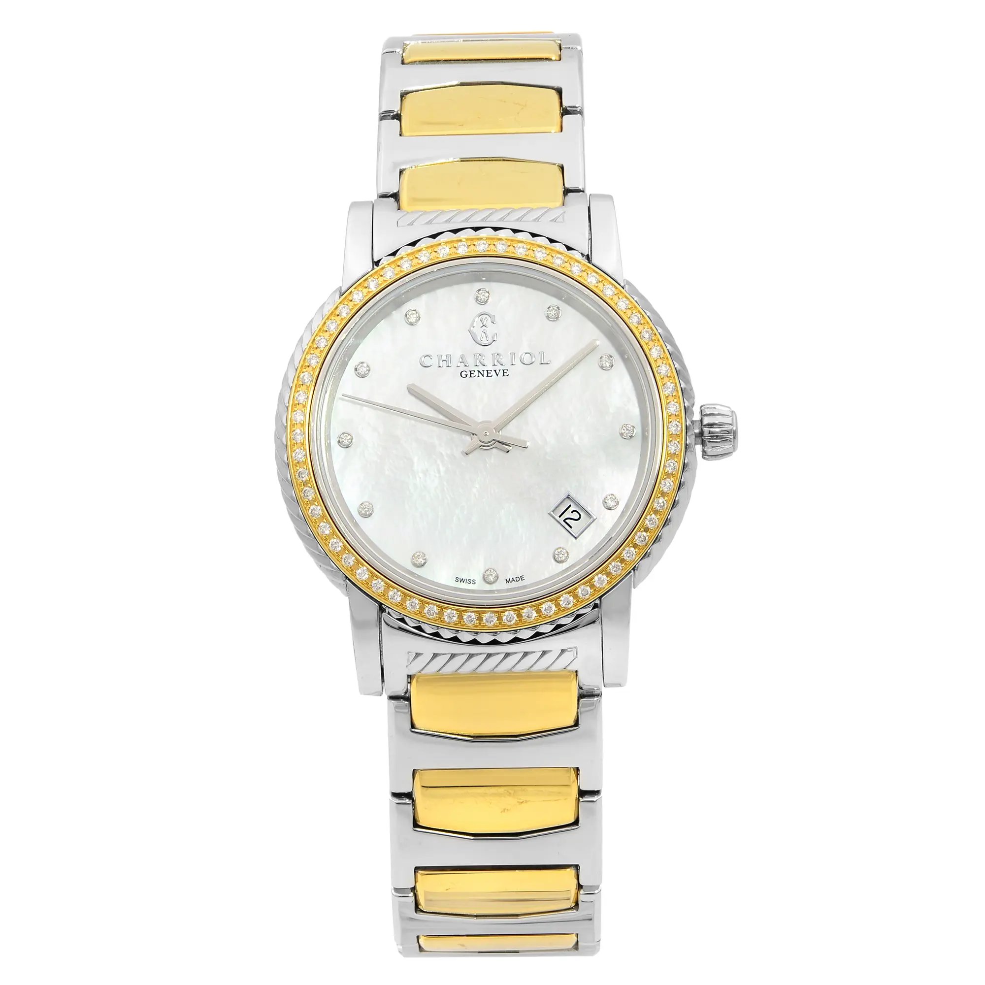 An image of a Wristwatch by Charriol. This Pre Owned item is designed for Women, featuring a Dress/Formal style. It has a Quartz movement and an Analog display with a Multicolor dial color. The indices include 12-Hour Dial,Non-Numeric Hour Marks,Diamonds. The band is made of Stainless Steel and the case is made of Stainless Steel. The watch has a Round shape with a case size of 33 mm and a case thickness of 7 mm.