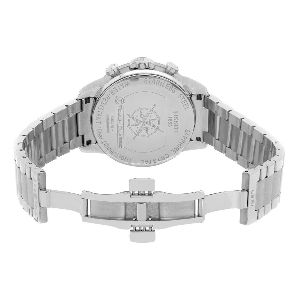 Back View Of Solid Back Case And Open Stainless Steel Band Of Tissot T083.420.11.057.00 Watch Display Model Condition