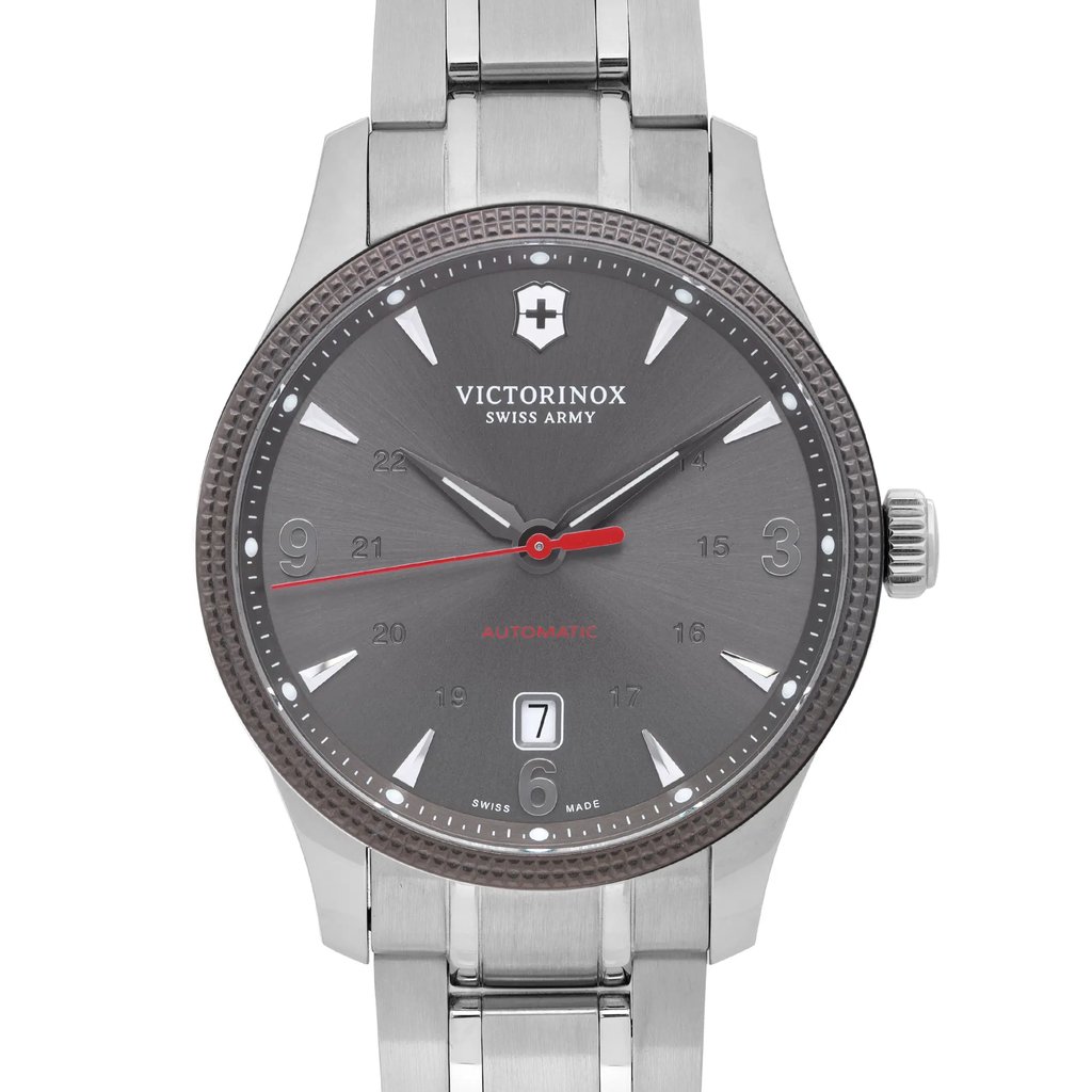Up Close Front Facing Picture Of Victorinox 241714.1 Stainless Steel Watch Display Model Condition