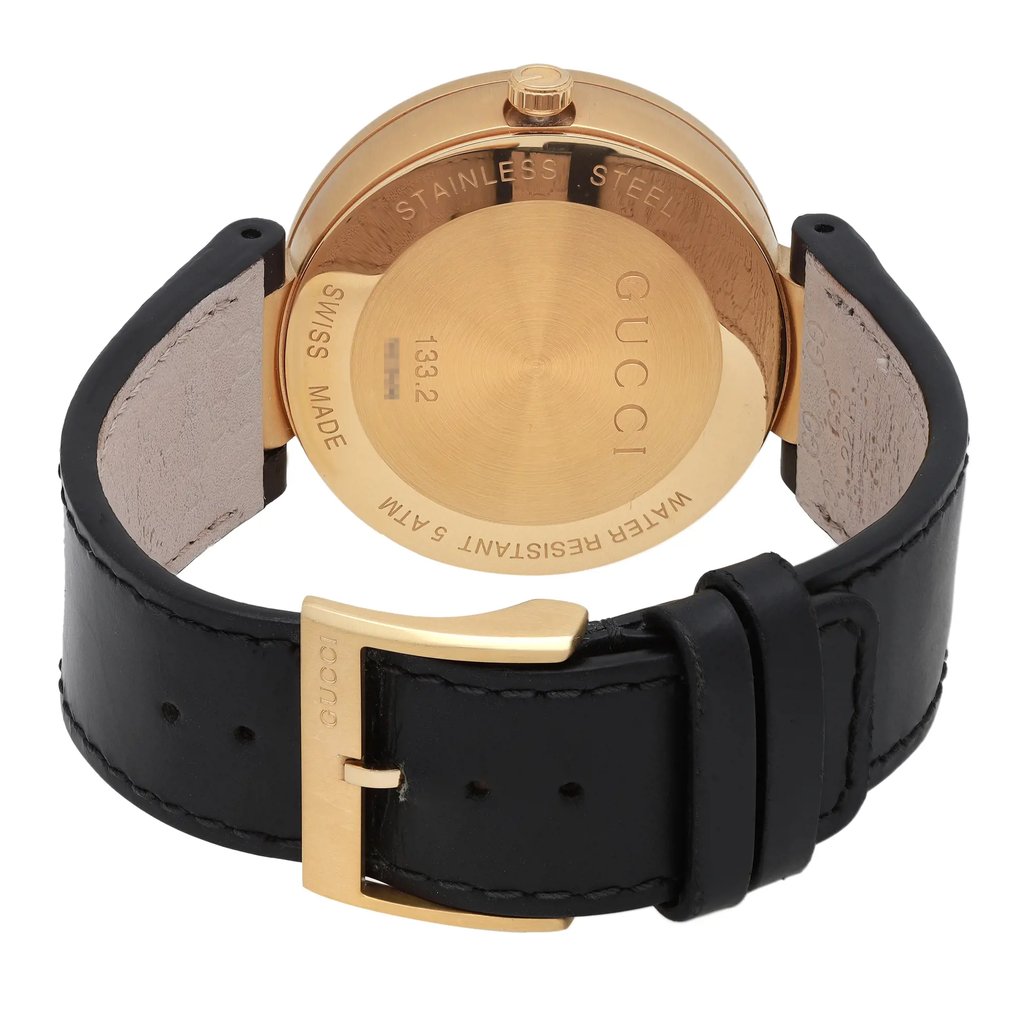 Back View Of Snap Back Case And Closed Leather,Stainless Steel Band Of Gucci YA133212 Watch Pre Owned Condition