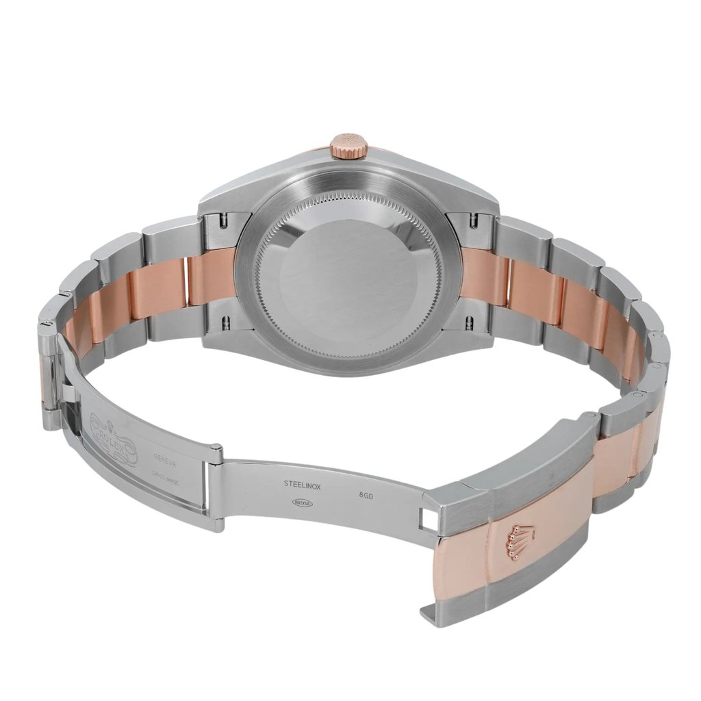 Back View Of Screwback Back Case And Open Stainless Steel,Rose Gold Band Of Rolex 126301 Watch New Condition