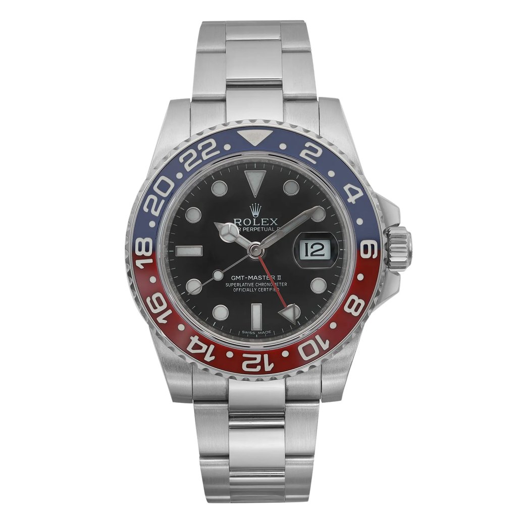 An image of a pre-owned Rolex men's wristwatch in excellent condition, viewed frontally at a close, straight-on angle. The luxury timepiece features a round black dial with luminous hands, round indexes, and a date indicator at the 3 o'clock position. It has a blue and red-colored bezel and is made of white gold, including the band. The watch has a round shape with a 12-hour dial and a second hand.