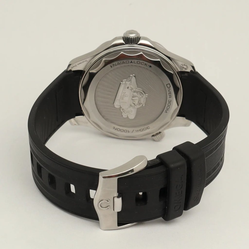 Back View Of Exhibition Back Case And Closed Rubber Band Of OMEGA 210.32.42.20.01.002 Watch Pre Owned Condition