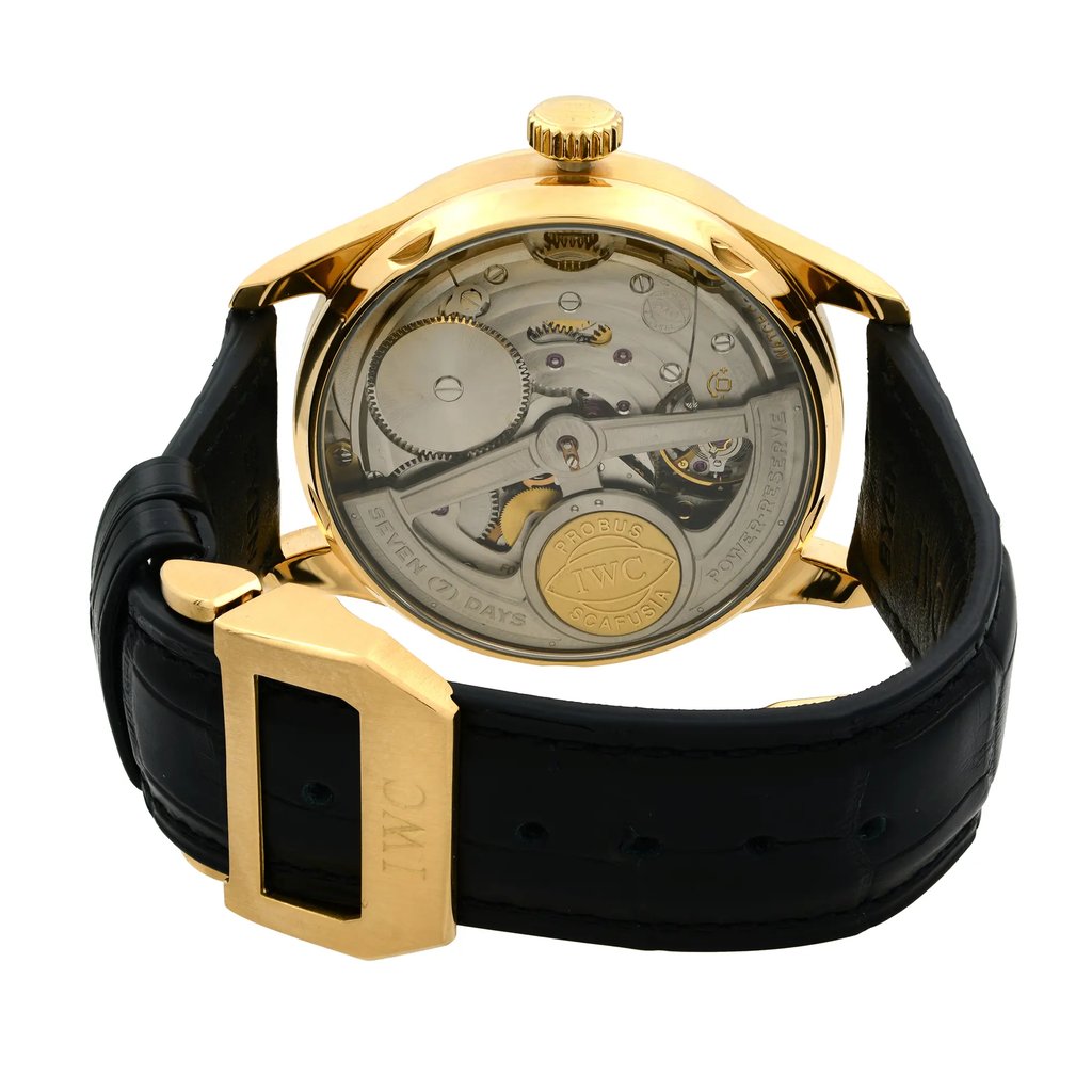 Back View Of Exhibition Back Case And Closed Leather Band Of IWC IW500101 Watch Pre Owned Condition