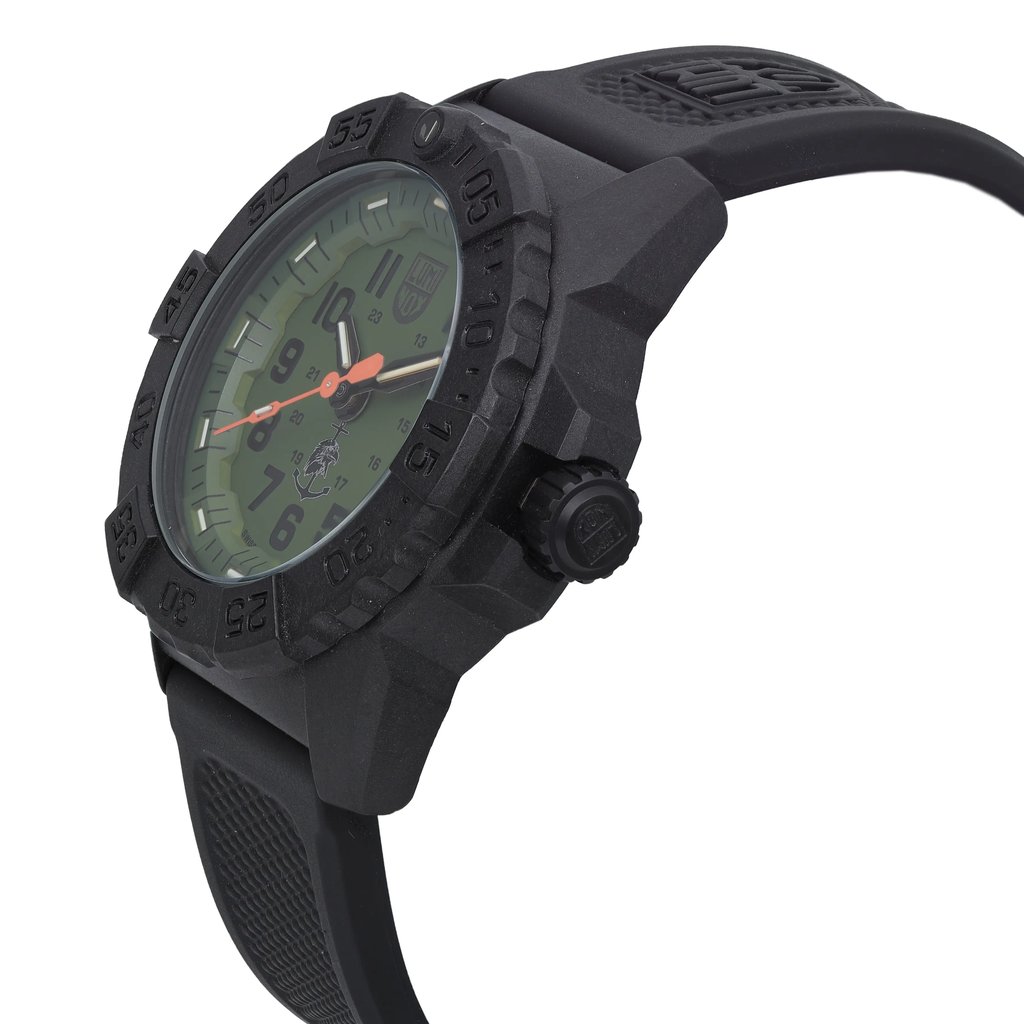 An image of a Wristwatch by Luminox. This Display Model item is designed for Men, featuring a Casual,Diver style. It has a Quartz movement and an Analog display with a Green dial color. The indices include 12-Hour Dial,Arabic Numerals,Easy to Read/Large Numerals. The band is made of Rubber and the case is made of Carbonox. The watch has a Round shape with a case size of 45 mm and a case thickness of 13 mm.