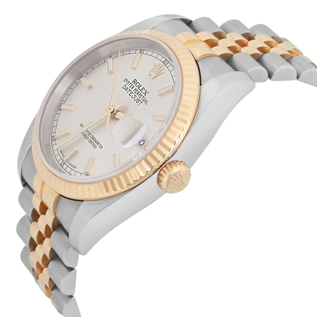 An image of a pre-owned men's Rolex wristwatch, featuring a stainless steel and gold two-tone design. The watch is angled slightly from the side, displaying the face and part of the bracelet. The dial includes a date indicator and luminous hands. The gold bezel and crown enhance its elegant appearance. The photograph captures the watch from a close-up perspective, highlighting its detailed craftsmanship.