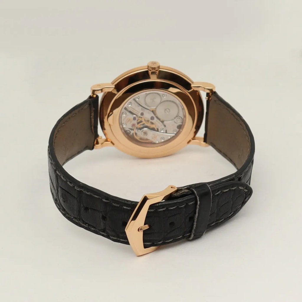Back View Of Exhibition Back Case And Closed Leather Band Of Patek Philippe 5119R-001 Watch Pre Owned Condition