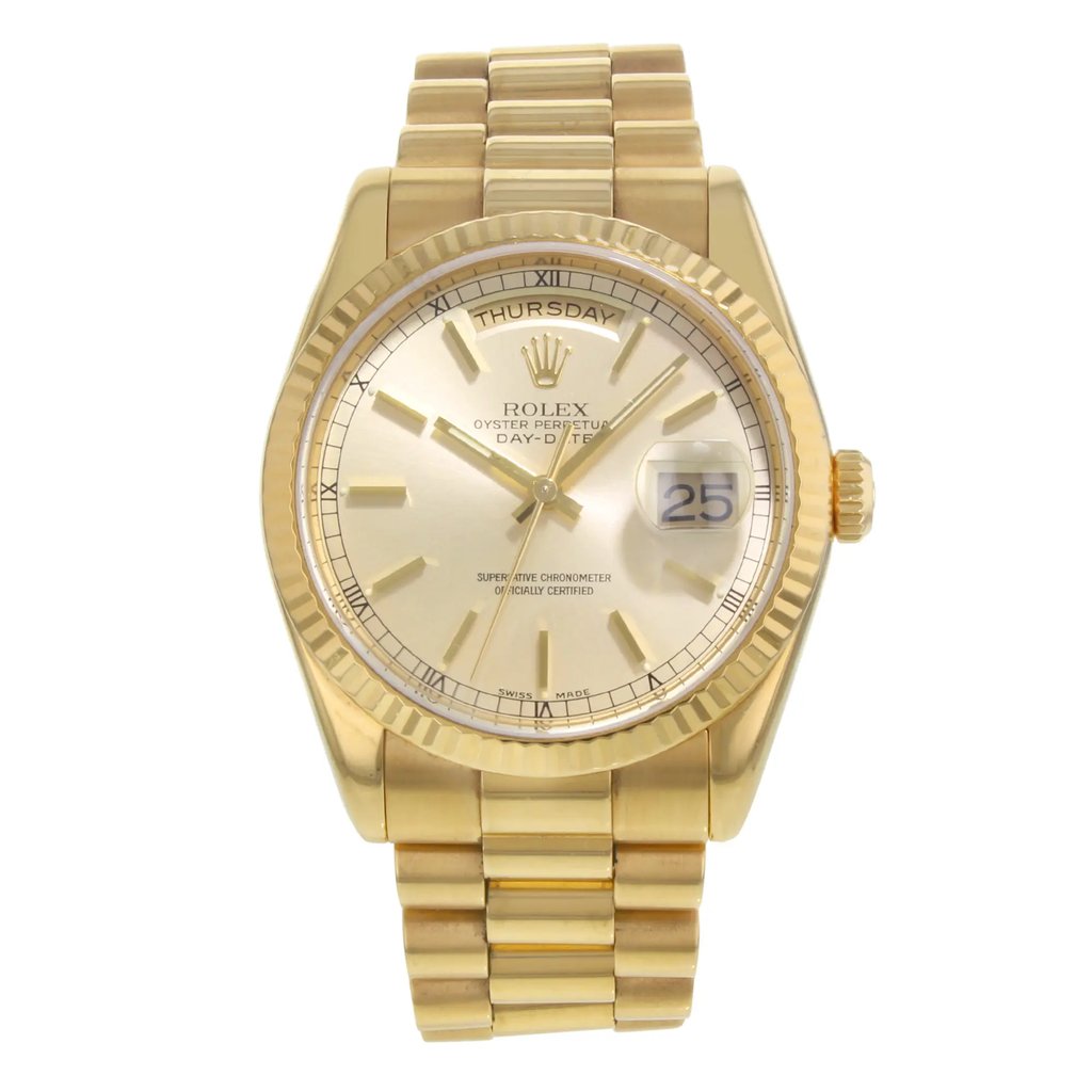 Front Full View Of Rolex 118238 Gold 18kt Watch Pre Owned Condition {Product Condition}