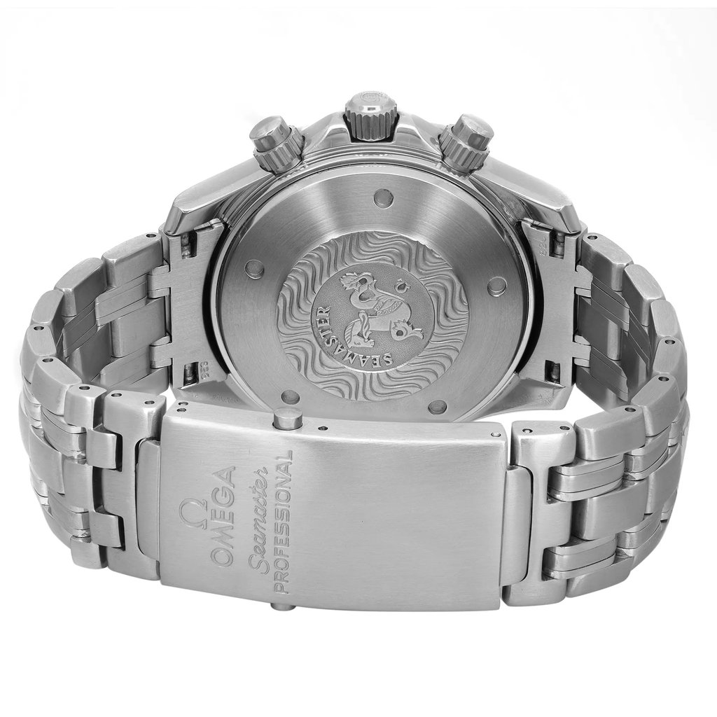 An image of a pre-owned OMEGA men's wristwatch, showcased from the back view with a closed clasp. The watch is positioned centrally and shot at a close-up angle to highlight the screwback caseback with an embossed emblem, the brand engraving, and the stainless steel band. It features a round case shape and a fold-over clasp with a double push-button closure, all made of stainless steel. The image is taken at a close distance to clearly display the details and condition of the watch. The watch has light signs of wear or scratches.