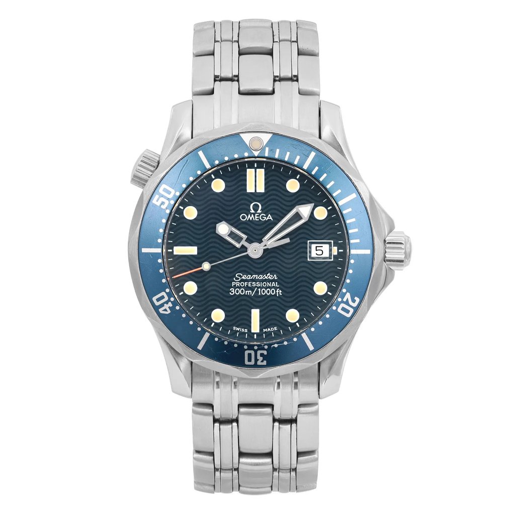 An image of a pre-owned wristwatch shown from a front full-frontal view. The watch features a metal bracelet and a blue dial with luminous markers. The brand and model details are displayed on the dial, along with a date window. The angle provides a clear view of the watch face and band, highlighting its design and condition.