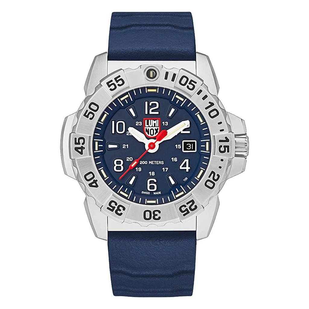 An image of a Wristwatch by Luminox. This Display Model item is designed for Men, featuring a Casual/Diver style. It has a Quartz movement and an Analog display with a Blue dial color. The indices include 24-Hour Dial,Arabic Numerals. The band is made of Rubber and the case is made of Stainless Steel. The watch has a Round shape with a case size of 45 mm and a case thickness of 14 mm.