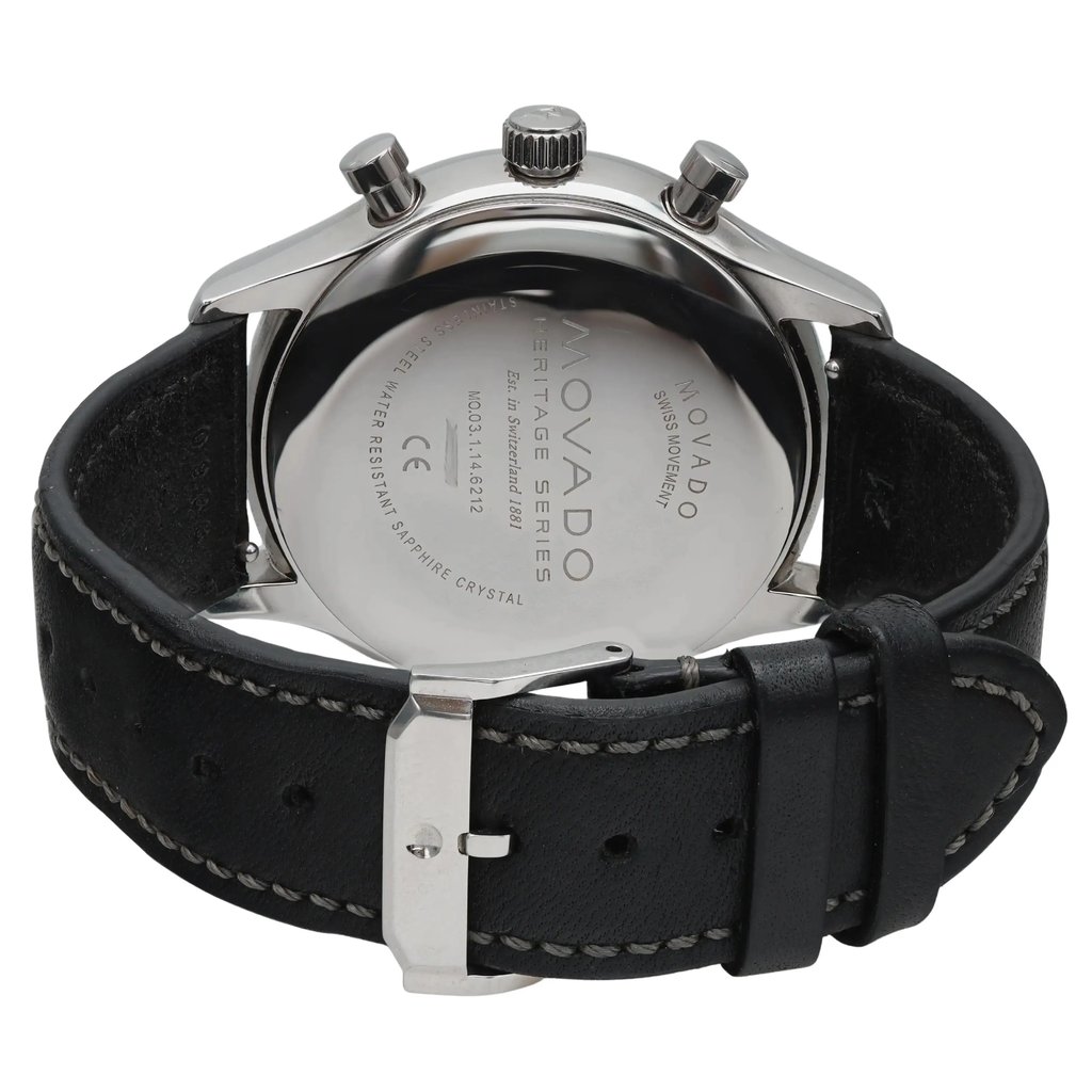 Back View Of Snap Back Case And Closed Leather Band Of Movado 3650005 Watch Display Model Condition