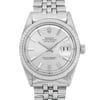 An image of a pre-owned wristwatch taken from a front close-up angle. The watch features a detailed face with a silver dial, silver hour markers, and a date display. The timepiece is complemented by a silver metal bracelet, showcasing a classic and elegant design.