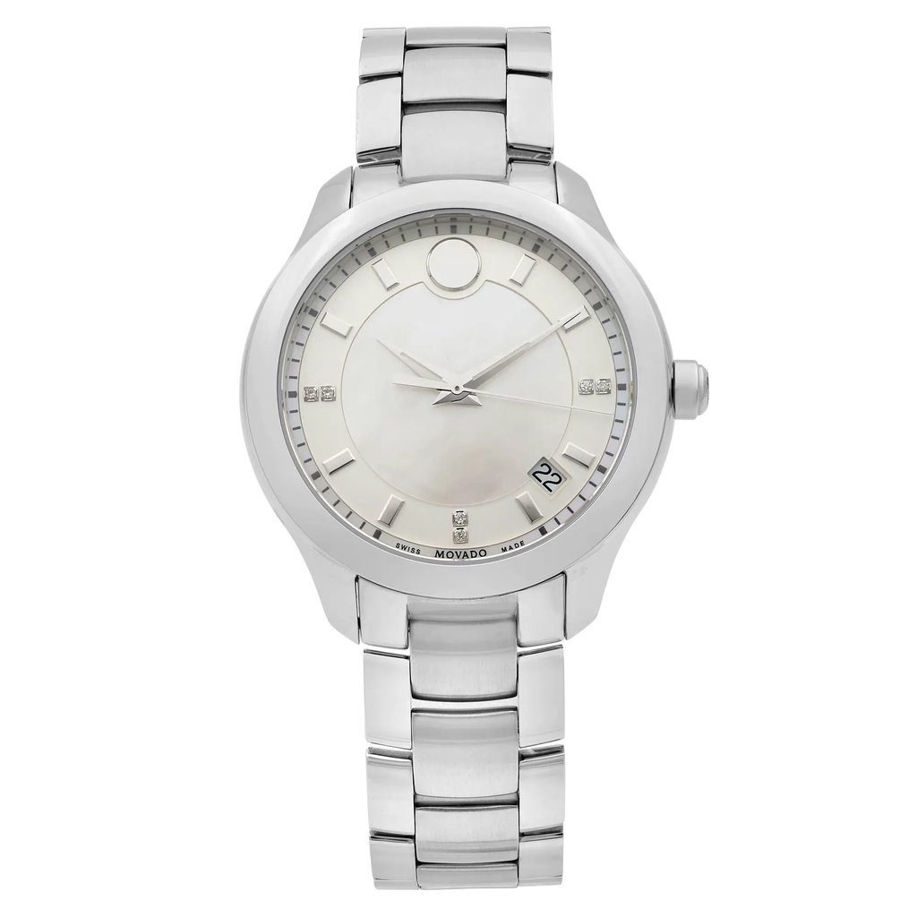 An image of a Wristwatch by Movado. This Unworn item is designed for Women, featuring a Dress/Formal style. It has a Quartz movement and an Analog display with a White dial color. The indices include Non-Numeric Hour Marks,Diamonds, Sticks. The band is made of Stainless Steel and the case is made of Stainless Steel. The watch has a Round shape with a case size of 36 mm and a case thickness of 8 mm.