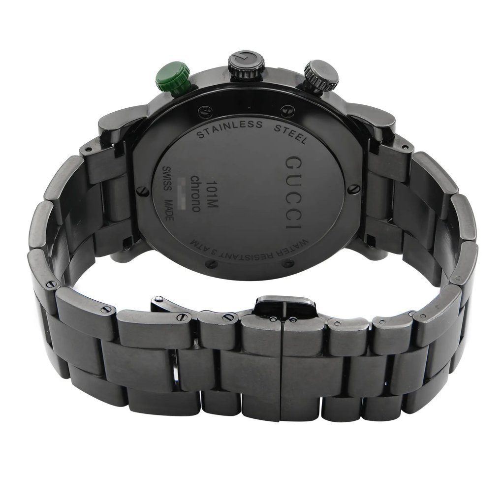 Back View Of Screwback Back Case And Closed Stainless Steel Band Of Gucci YA101331 Watch Pre Owned Condition