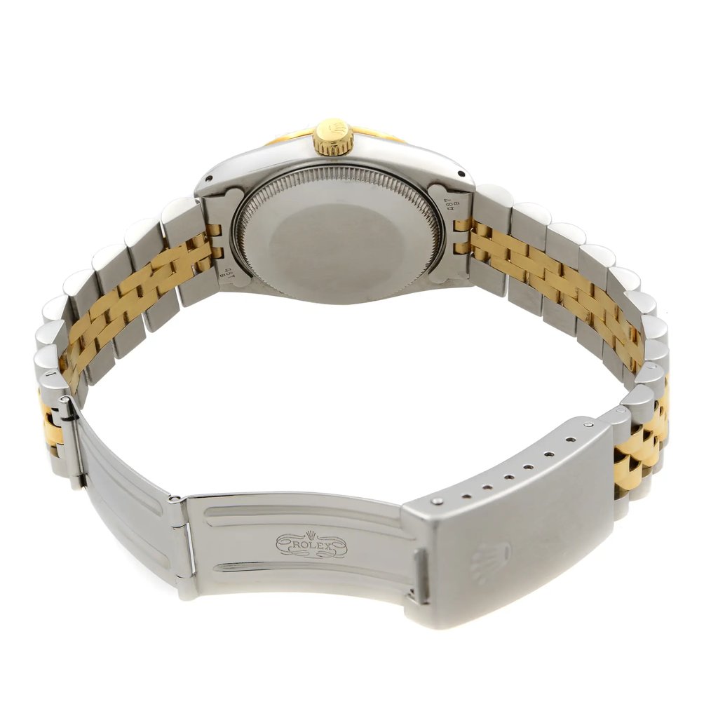 Back View Of Solid Back Case And Open Stainless and Solid Gold Band Of Rolex 68273 Watch Pre Owned Condition