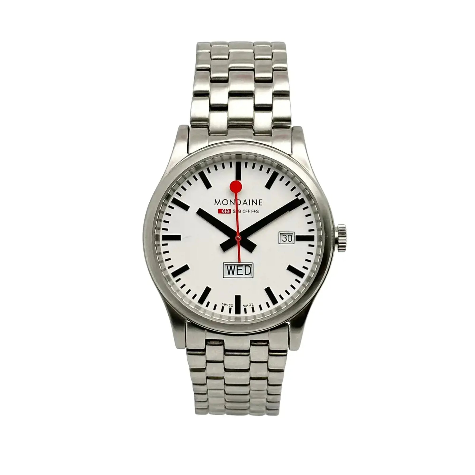 Front Full View Of Mondaine A667.30340.16SBM Stainless Steel Watch Pre Owned Condition Good