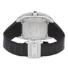 An image of a pre-owned Cartier men's wristwatch with the back view prominently displayed. The watch features a stainless steel screwback case attached to a black leather band. The square case is in clear focus, showing engraved text and details, while the fold-over push-button deployant clasp is partially visible. 