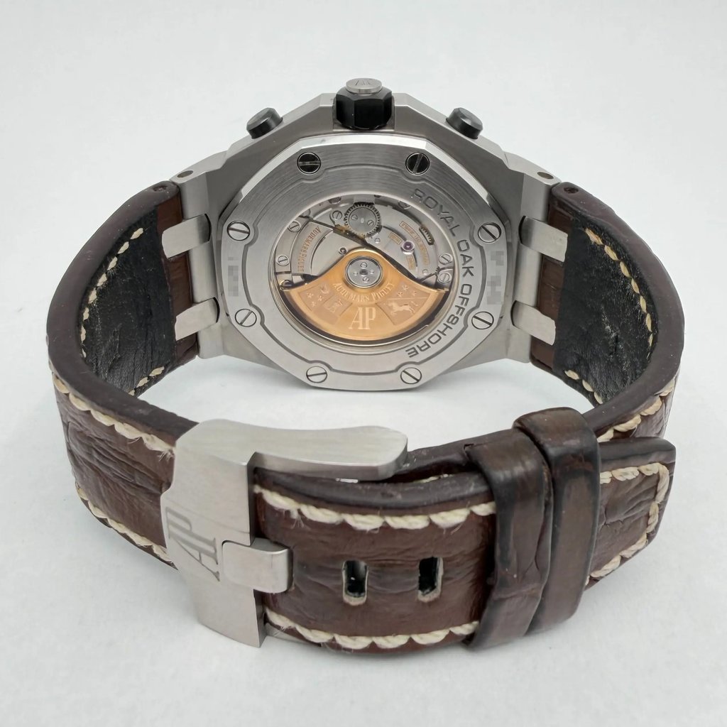 Back View Of Exhibition Back Case And Closed Leather Band Of Audemars Piguet 26470ST Watch Pre Owned Condition