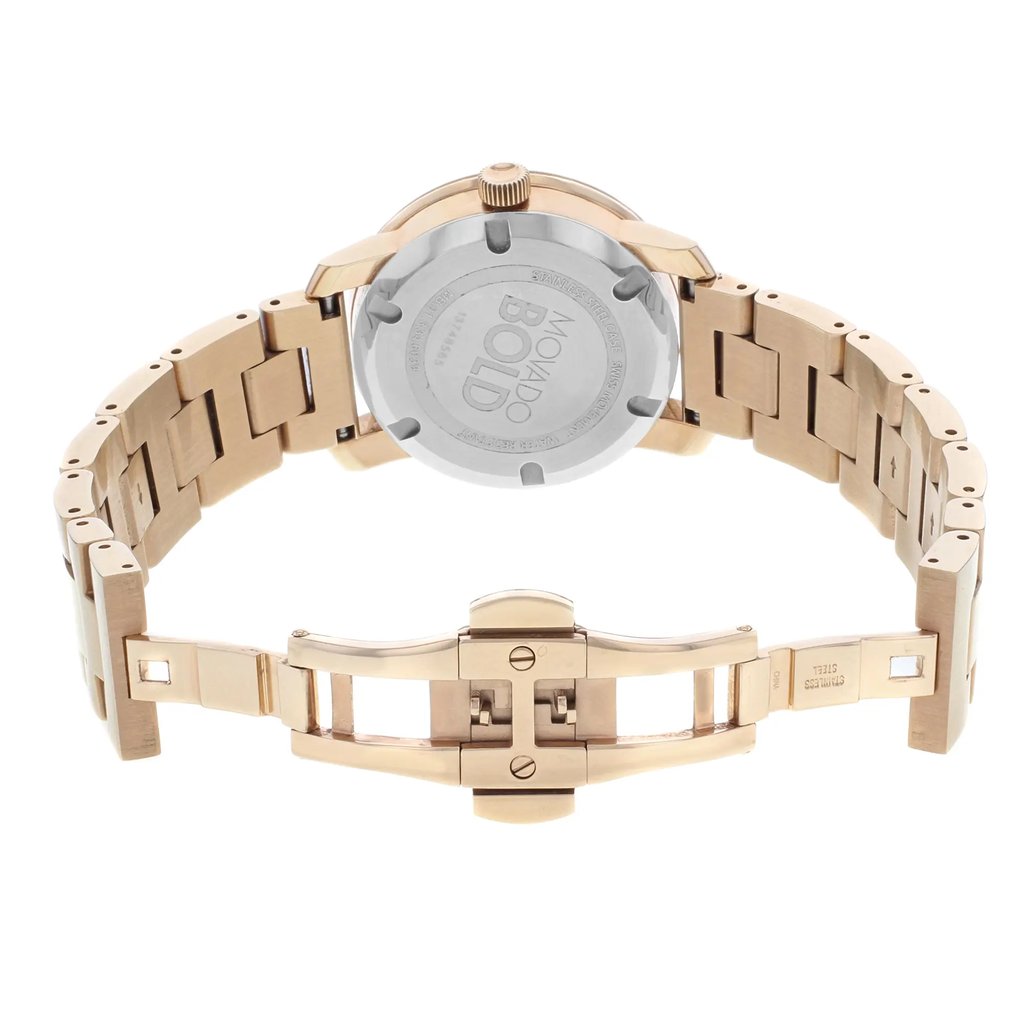 Back View Of Solid Back Case And Open Stainless Steel Band Of Movado 3600342 Watch Pre Owned Condition