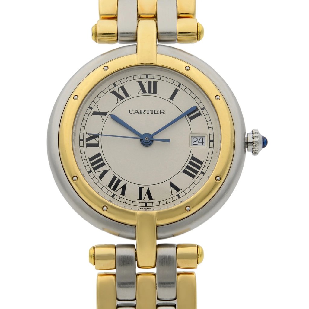 Up Close Front Facing Picture Of Cartier 183964 Stainless & Solid Gold Watch Pre Owned Condition