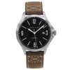 An image of a wristwatch taken from a front full frontal view. The watch features a black dial with white numerals and hands, including a date display at the 3 o'clock position. The stainless steel case has a polished finish, and the timepiece is paired with a brown leather strap with visible stitching. The image is a close-up, showcasing the watch as a display model.