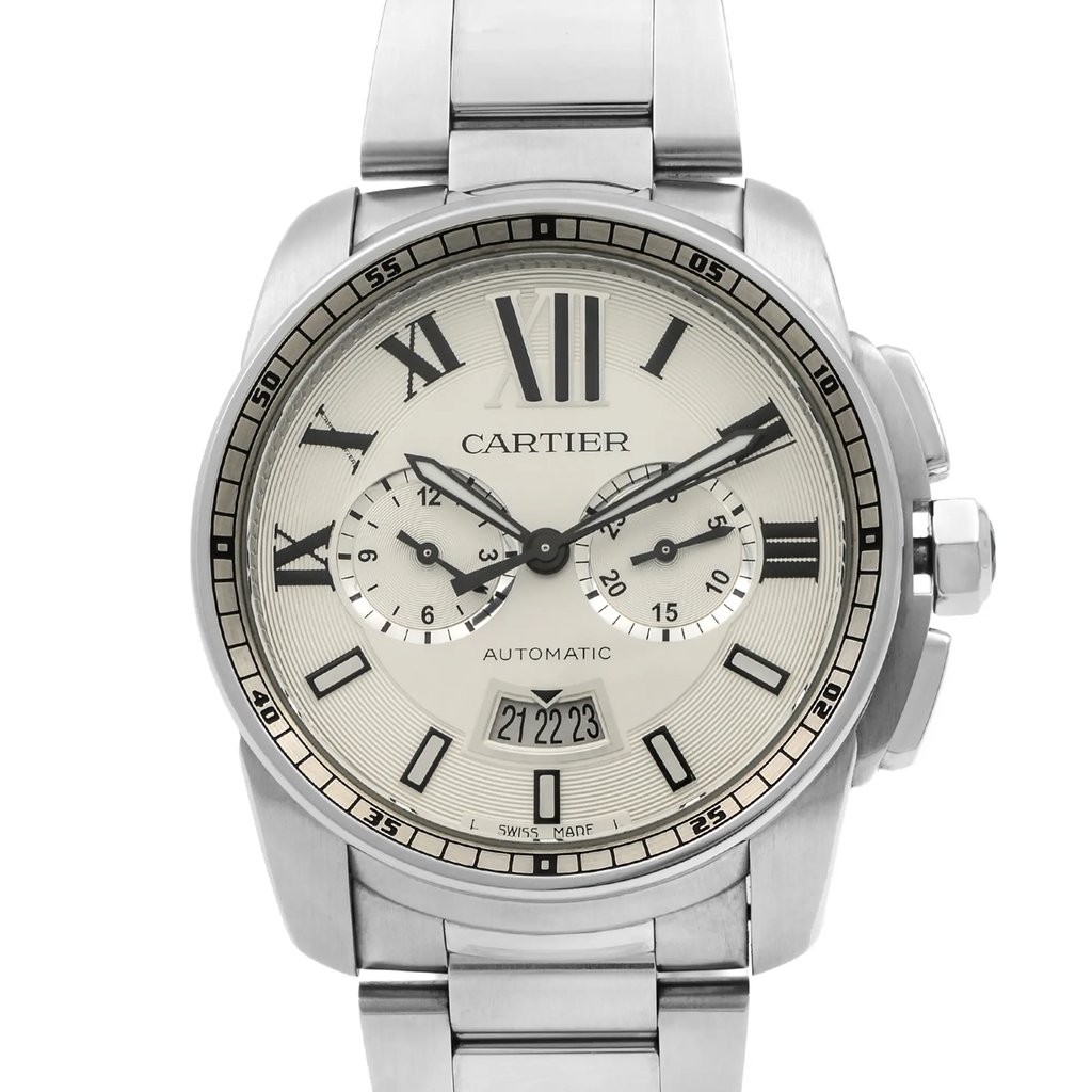 An image of a pre-owned Cartier men's luxury wristwatch, with a front close-up view of the round silver dial and stainless steel band.  The watch is shown in good condition from a straight-on angle, filling the frame for a detailed view.