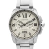 An image of a pre-owned Cartier men's luxury wristwatch, with a front close-up view of the round silver dial and stainless steel band.  The watch is shown in good condition from a straight-on angle, filling the frame for a detailed view.