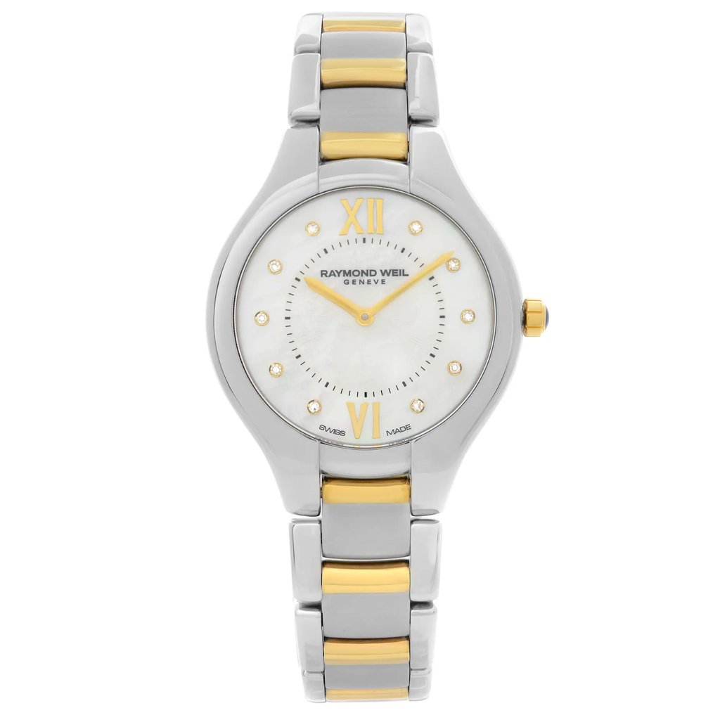 An image of a Wristwatch by RAYMOND WEIL. This Display Model item is designed for Women, featuring a Dress/Formal style. It has a Quartz movement and an Analog display with a White dial color. The indices include 12-Hour Dial,Diamond Markers,Roman Numerals. The band is made of Stainless Steel and the case is made of Stainless Steel. The watch has a Round shape with a case size of 32 mm and a case thickness of 8 mm.