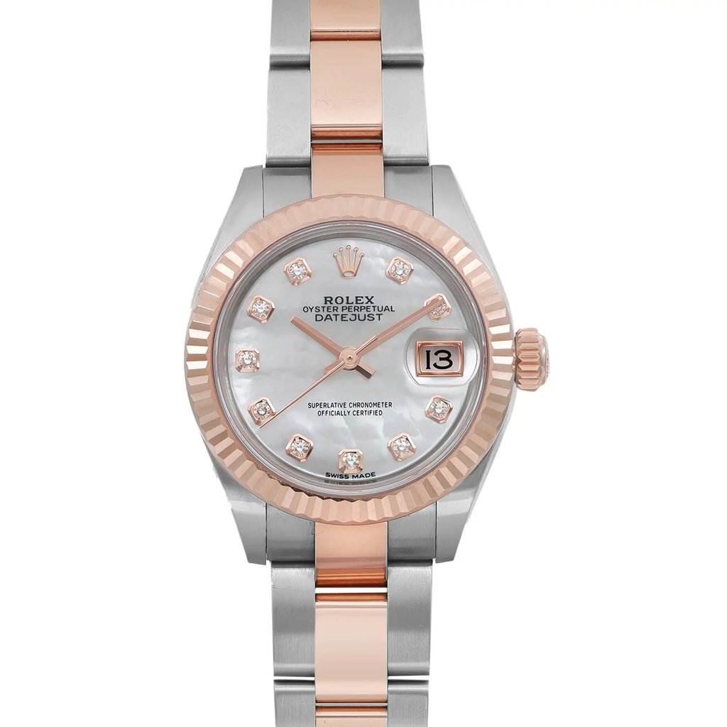 An image of a pre-owned Rolex women's luxury wristwatch in good condition, featuring a front close-up view of the round watch face. The dial is white with a mother of pearl pattern and is adorned with diamond markers indicating the hours, a seconds hand, and a date indicator at the 3 o'clock position. The bezel is rose gold, and the band is made of alternating rose gold and stainless steel links. The case is stainless steel, and the Rolex crown logo is visible at the 12 o'clock position. The watch is positioned directly facing the camera, allowing a detailed view of the watch's features.