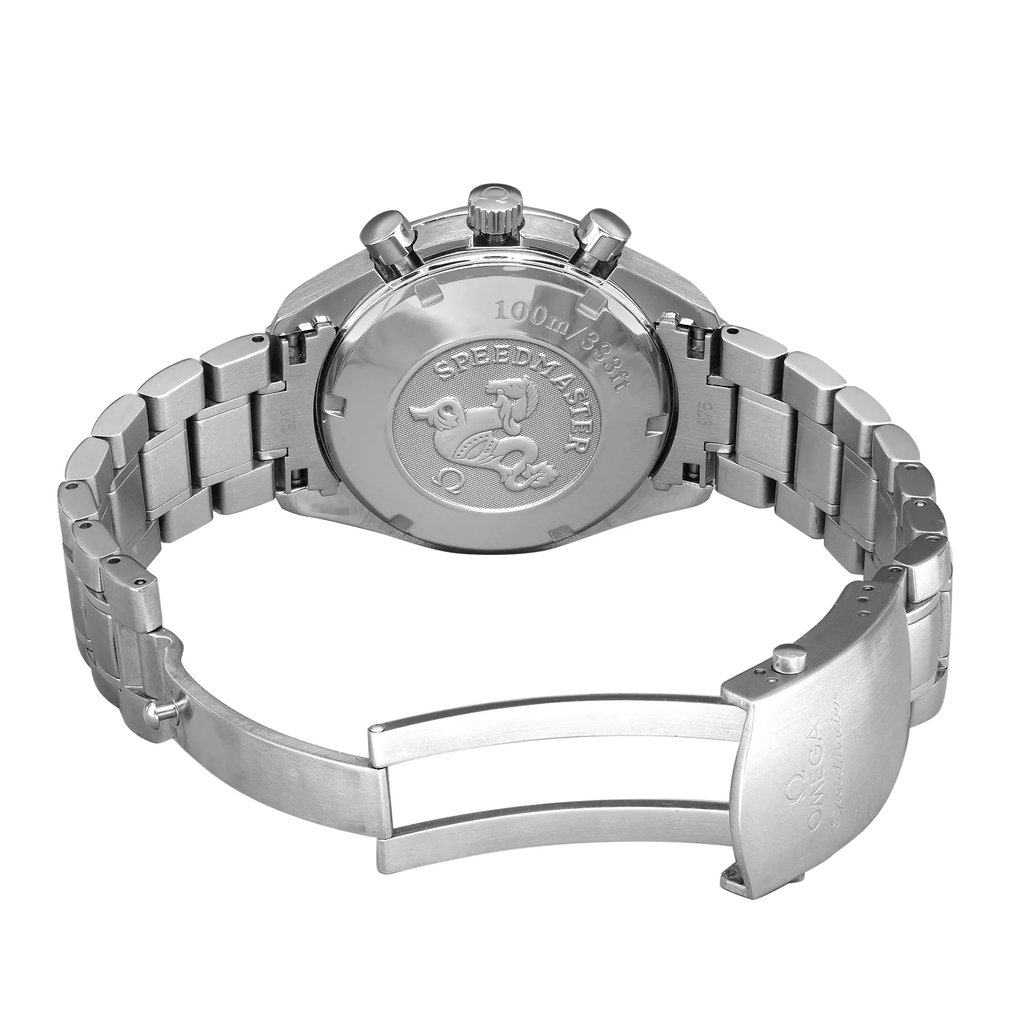Back View Of Screwback Back Case And Open Stainless Steel Band Of OMEGA 3221.30.00 Watch Pre Owned Condition