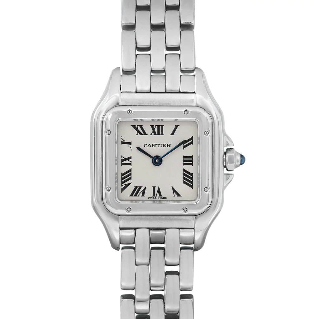 An image of a pre-owned Cartier women's wristwatch with a casual style, presented in a front close-up view focusing on the watch face. The watch has a square stainless steel case and a matching stainless steel band. The dial is silver with black Roman numeral indices and blue hands, indicating a 12-hour display. The bezel is steel, and the overall condition of the watch appears excellent. The Cartier logo is visible just below the 12 o'clock position, and the piece is noted as "SWISS MADE" at the bottom of the dial. The image is taken from a front angle, showing the watch face and a portion of the band, with the watch oriented vertically in the frame. The watch shows light signs of wear.