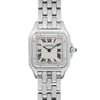 An image of a pre-owned Cartier women's wristwatch with a casual style, presented in a front close-up view focusing on the watch face. The watch has a square stainless steel case and a matching stainless steel band. The dial is silver with black Roman numeral indices and blue hands, indicating a 12-hour display. The bezel is steel, and the overall condition of the watch appears excellent. The Cartier logo is visible just below the 12 o'clock position, and the piece is noted as "SWISS MADE" at the bottom of the dial. The image is taken from a front angle, showing the watch face and a portion of the band, with the watch oriented vertically in the frame. The watch shows light signs of wear.
