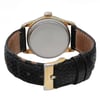 An image of a pre-owned women's Rolex wristwatch viewed from the back at a slightly elevated angle. The watch features a gold-tone case and a black textured leather strap with a gold buckle. The watch face is not visible, and the focus is on the clasp and strap. The background is plain, emphasizing the watch's details.