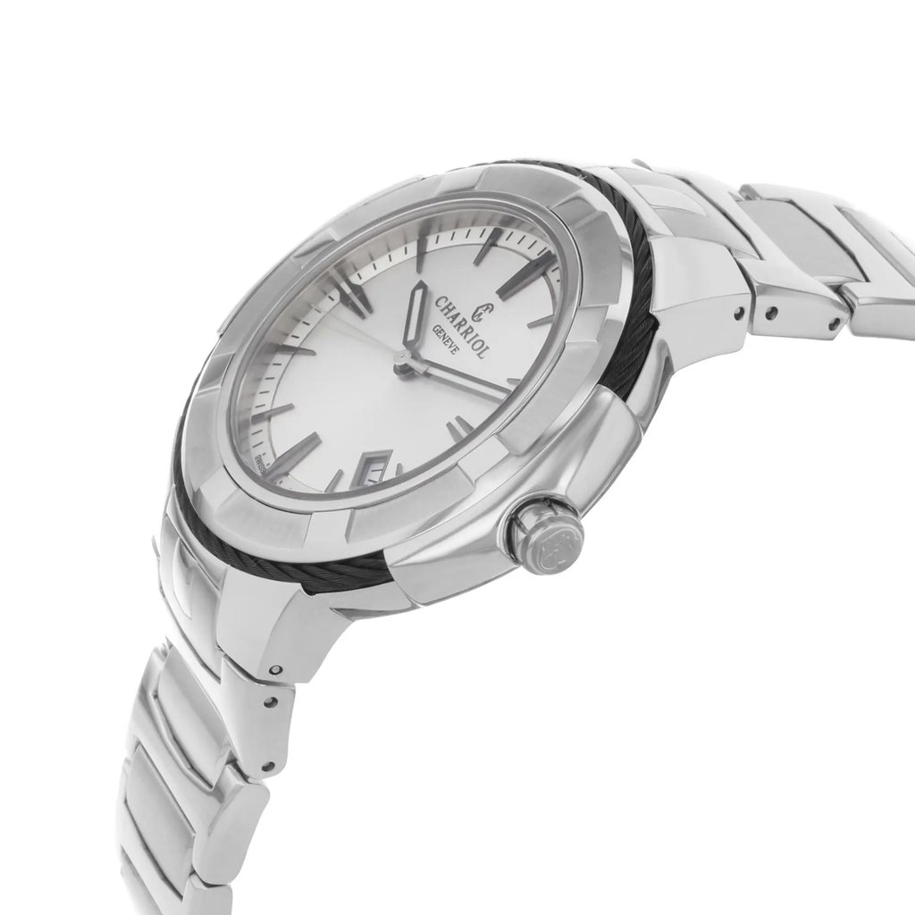 An image of a wristwatch displayed from a side profile view, showcasing the crown prominently. The watch features a metallic bracelet and a sleek design. The angle highlights the watch's thickness and the curvature of the bracelet links. The photograph is taken at a close distance, emphasizing the details and polished finish of the timepiece.