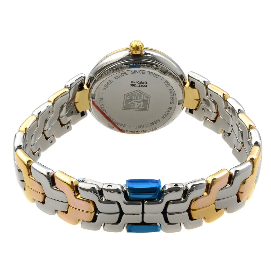 Back View Of Solid Back Case And Closed Stainless Steel,Gold Band Of TAG Heuer WAT1350.BB0957 Watch Pre Owned Condition