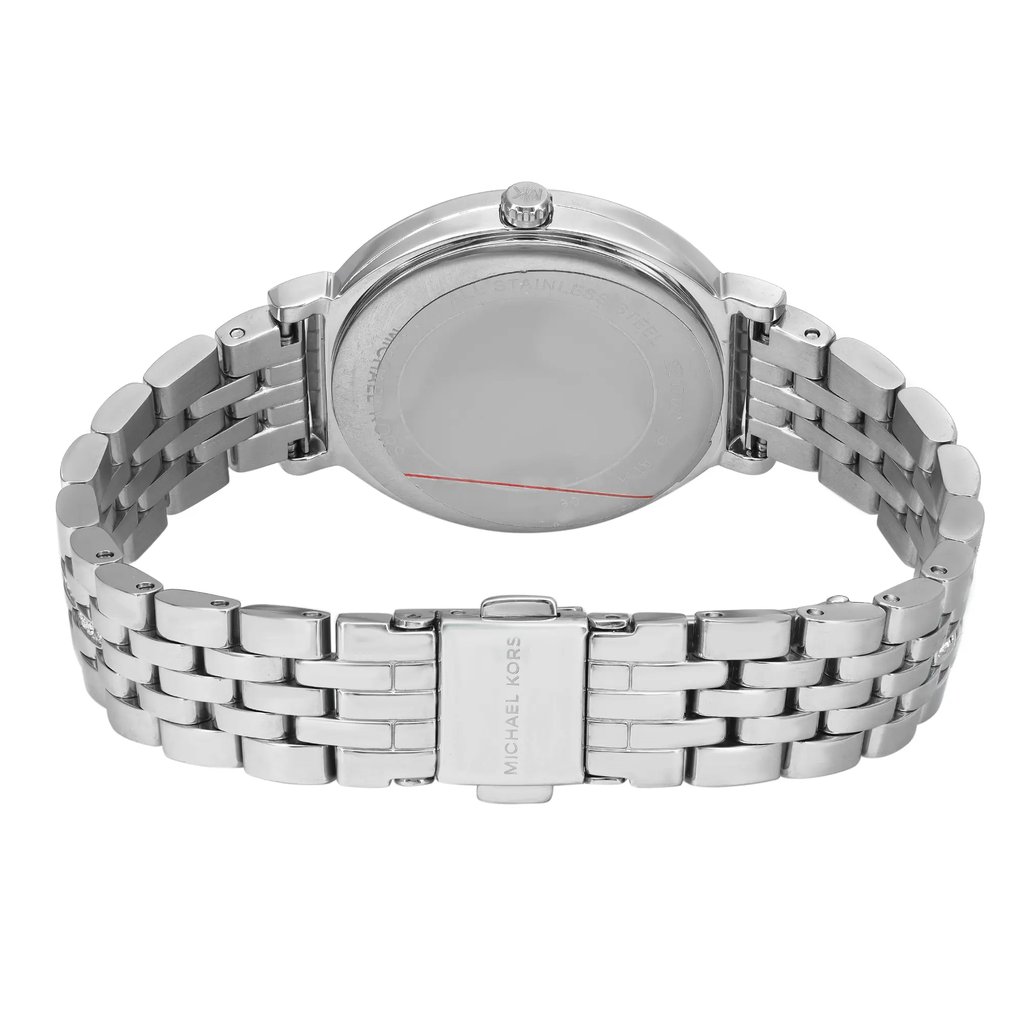 An image of a Wristwatch by Michael Kors. This Display Model item is designed for Women, featuring a Casual,Dress/Formal style. It has a Quartz movement and an Analog display with a Mother Of Pearl dial color. The indices include 12-Hour Dial,Non-Numeric Hour Marks. The band is made of Stainless Steel and the case is made of Stainless Steel. The watch has a Round shape with a case size of 33 mm and a case thickness of 8 mm.