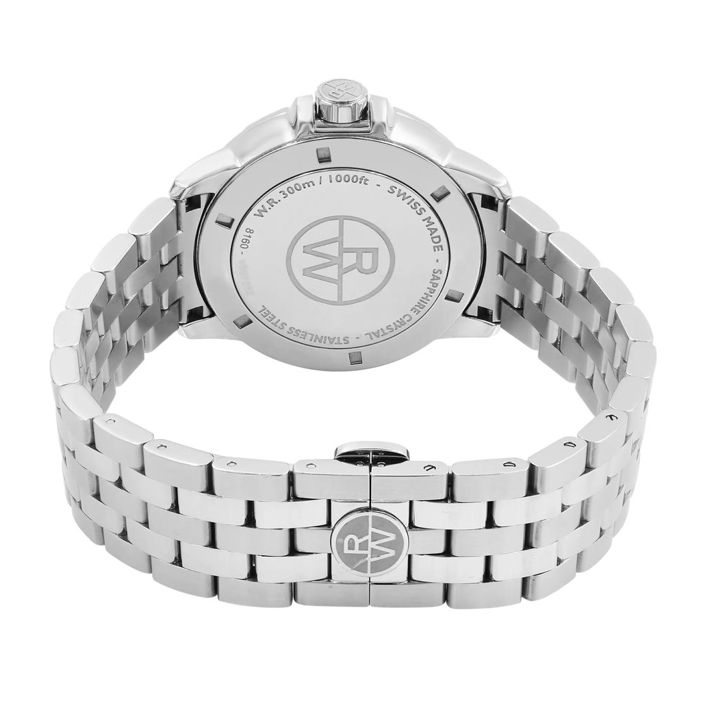 Back View Of Solid Back Case And Closed Stainless Steel Band Of RAYMOND WEIL 8160-ST2-50001 Watch Pre Owned Condition