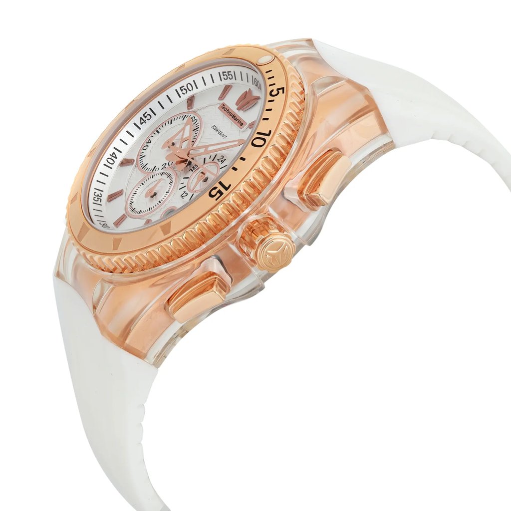 An image of a Wristwatch by TechnoMarine. This New With Defects item is designed for Unisex Adult, featuring a Sport style. It has a Quartz movement and an Analog display with a Silver dial color. The indices include 12-Hour Dial,Multi Dial. The band is made of Rubber and the case is made of Stainless Steel. The watch has a Round shape with a case size of 40 mm and a case thickness of 13 mm.