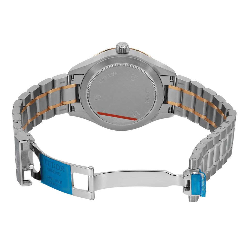 Back View Of Screwback Back Case And Open Stainless Steel,Yellow Gold Band Of TUDOR 12303-0003 Watch Unworn Condition