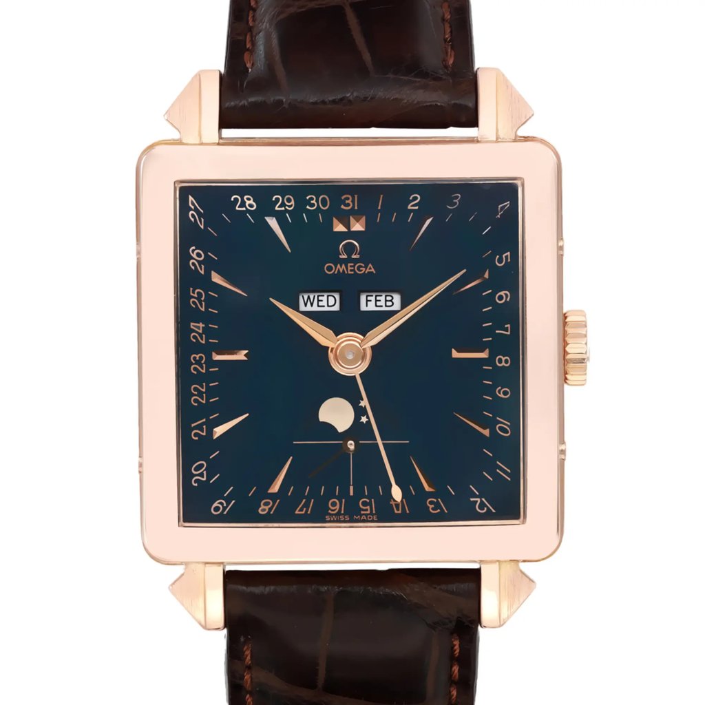 Up Close Front Facing Picture Of OMEGA 5701.80.03 Rose Gold Watch Pre Owned Condition